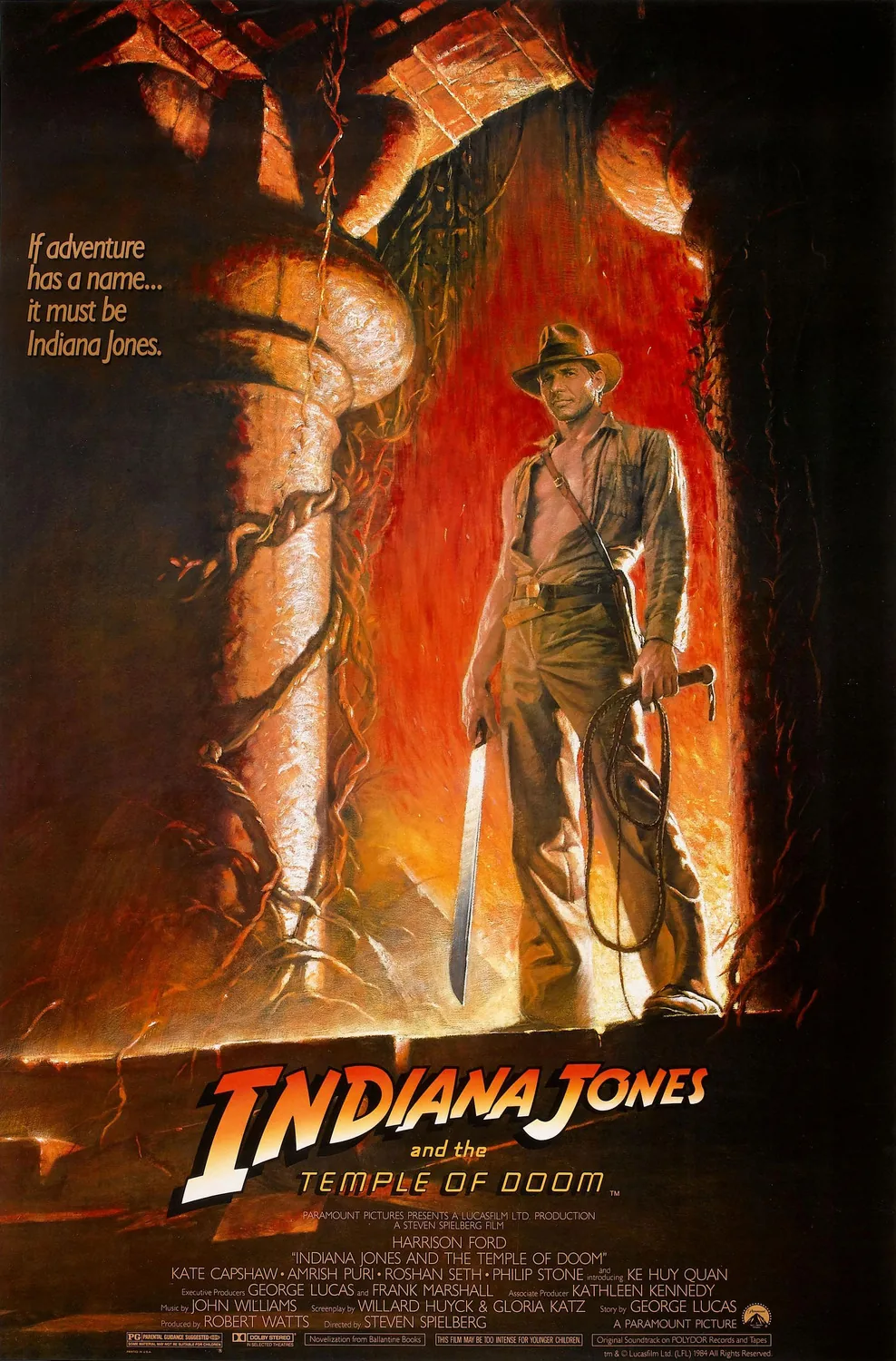 Indiana Jones and the Temple of Doom (1984) filminin resmî afiş görseli, Harrison Ford'un Indiana Jones karakterini kırbaç ve bıçakla tapınak girişinde gösteriyor