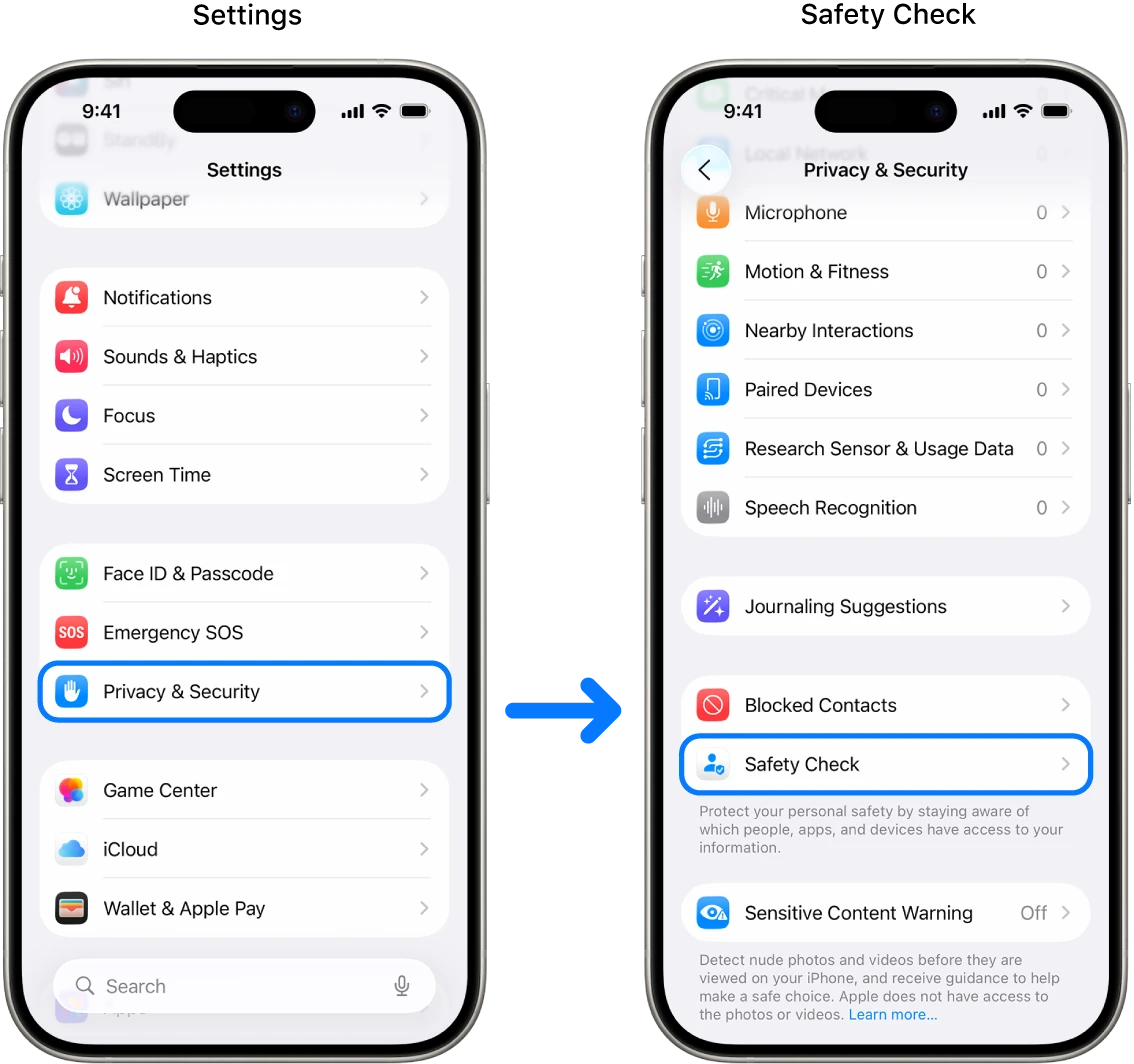 iPhone Ayarlar uygulamasında Gizlilik ve Güvenlik menüsünden Güvenlik Kontrolü (Safety Check) özelliğine erişimi gösteren resmi Apple ekran görüntüsü