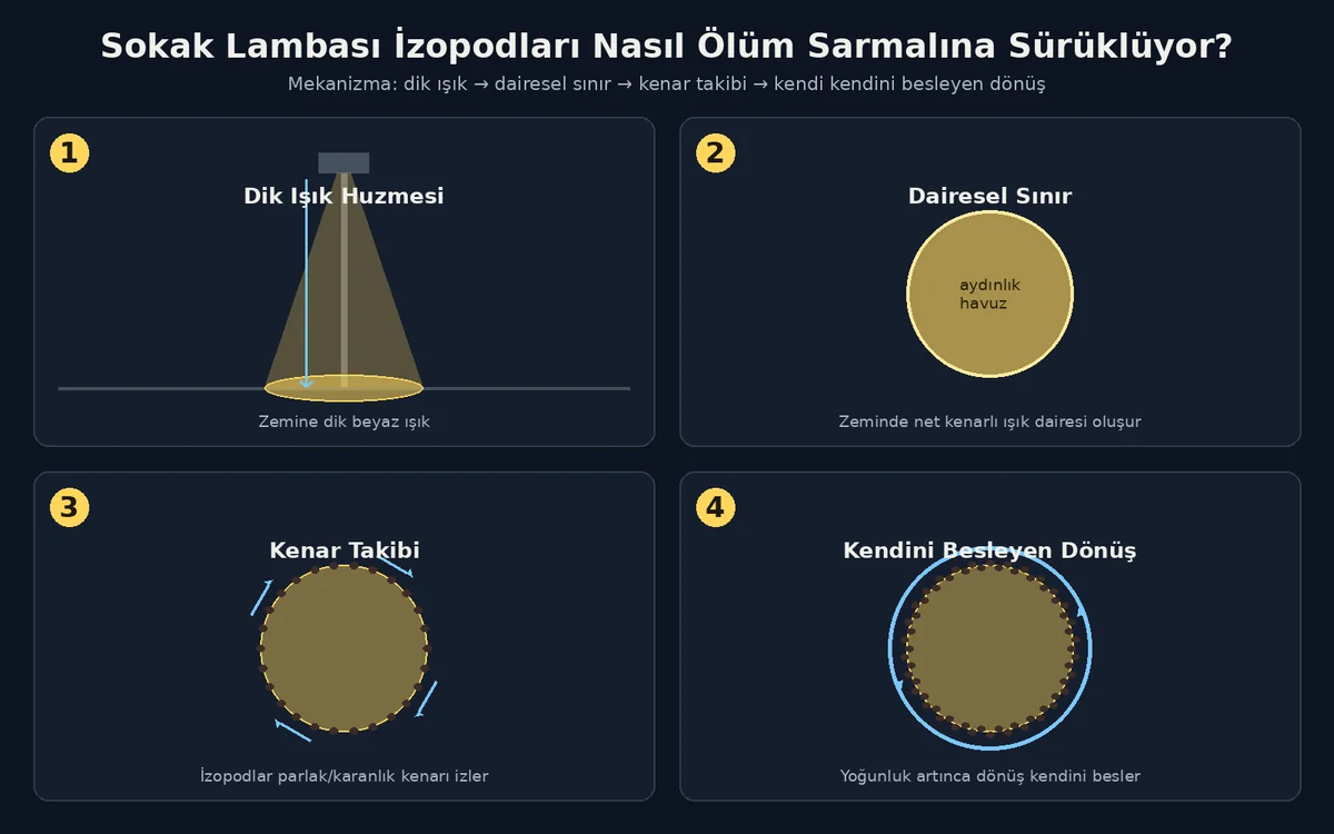 Sokak lambasının izopodları ölüm sarmalına sürüklemesinin dört adımlı mekanizmasını gösteren Türkçe infografik: dik ışık, dairesel sınır, kenar takibi, kendini besleyen dönüş