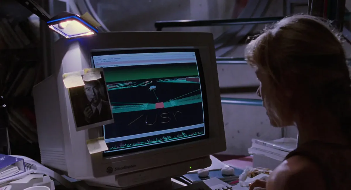 Jurassic Park filminde Lex'in ekrana bakarken izlediği FSN (File System Navigator) UNIX dosya gezgini arayüzü, It's a UNIX system sahnesi