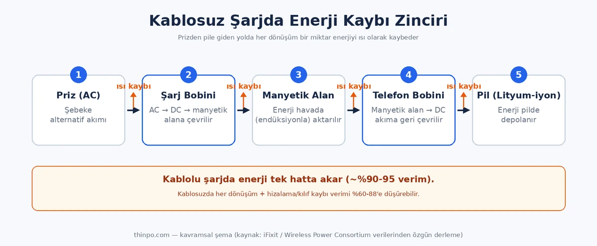 Kablosuz şarjda enerji kaybı zincirini gösteren infografik: priz, şarj bobini, manyetik alan, telefon bobini ve pil arasındaki ısı kaybı