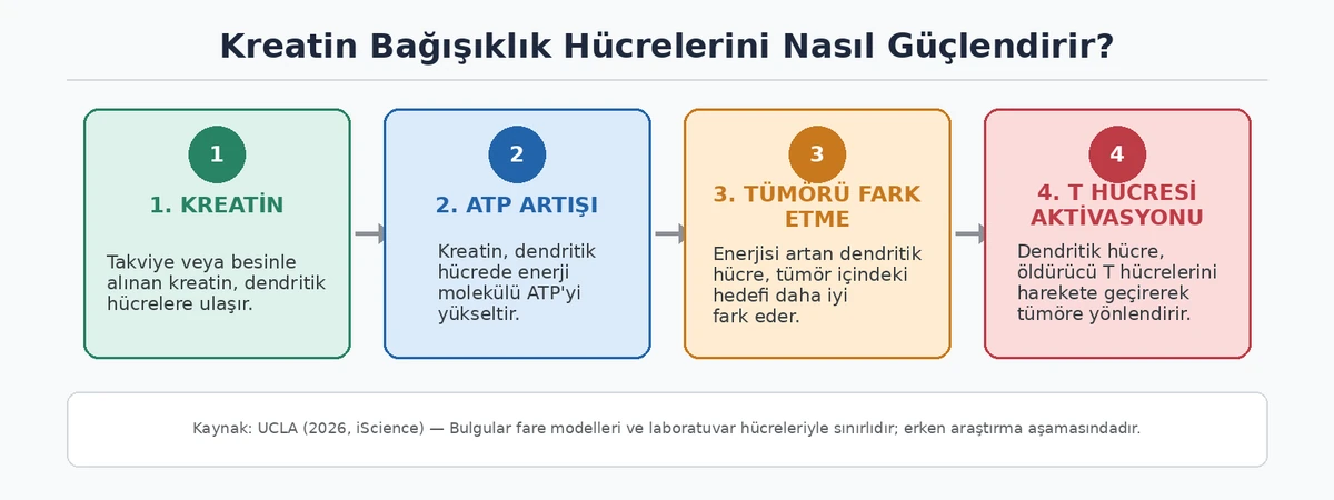 Kreatinin dendritik hücreleri güçlendirme mekanizmasını gösteren dört adımlı infografik