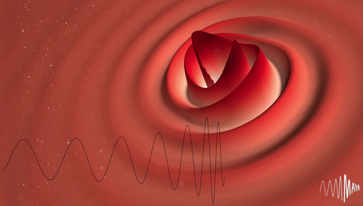 Kütle boşluğuna düşen ağır bir kara delik çiftinin birleşme anını ve yayılan gravitasyonel dalga sinyalinin dalga formunu gösteren bilimsel simülasyon görseli