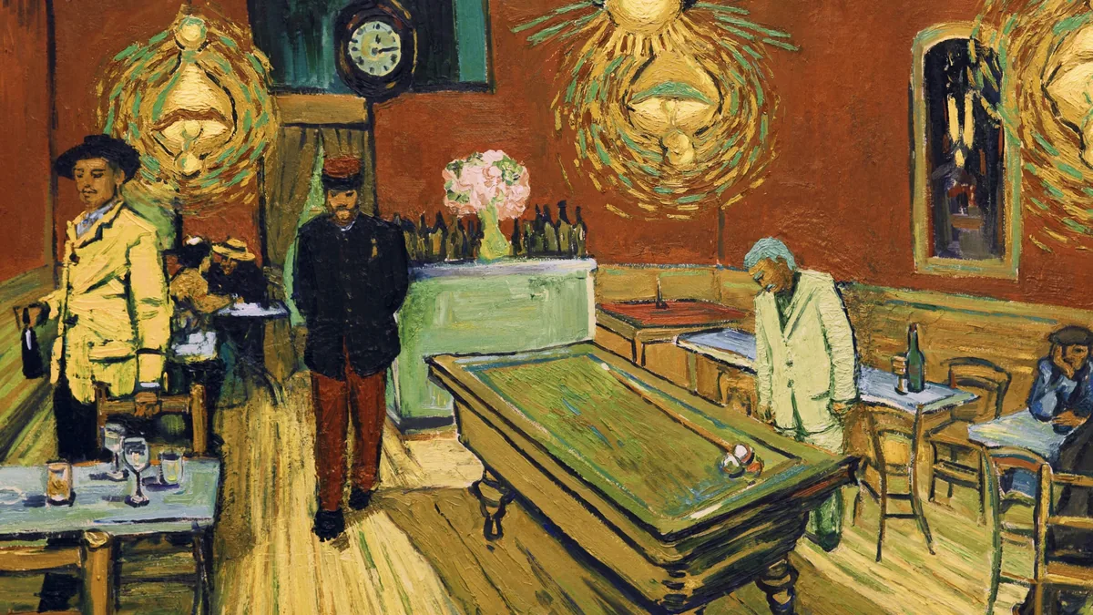Loving Vincent filminde Van Gogh'un fırça darbeleriyle elle boyanmış bilardo salonu sahnesi