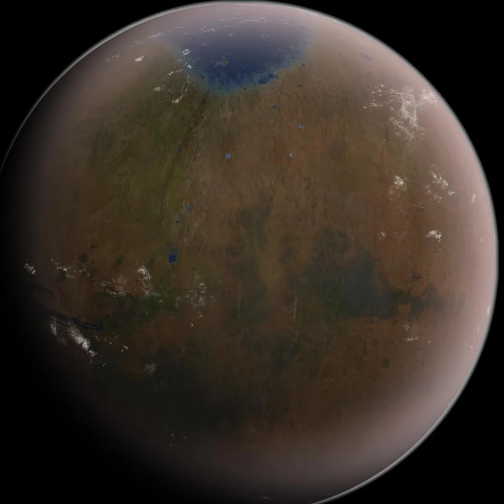 Kısmen ısınmış Mars konsepti: kutup buzulları erimiş, atmosferi hafif kalınlaşmış gezegen tasviri