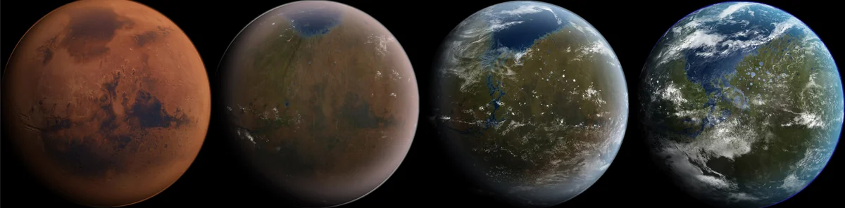 Mars terraformasyonu aşamaları infografiği: kızıl çöl Marstan yeşeren, mavi okyanuslu yaşanabilir gezegene dönüşüm