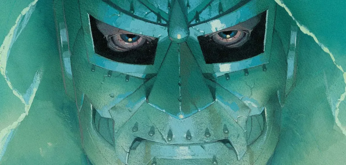 Doctor Doom'un yeşil pelerini ve metal maskesiyle resmi Marvel çizgi roman key art görseli