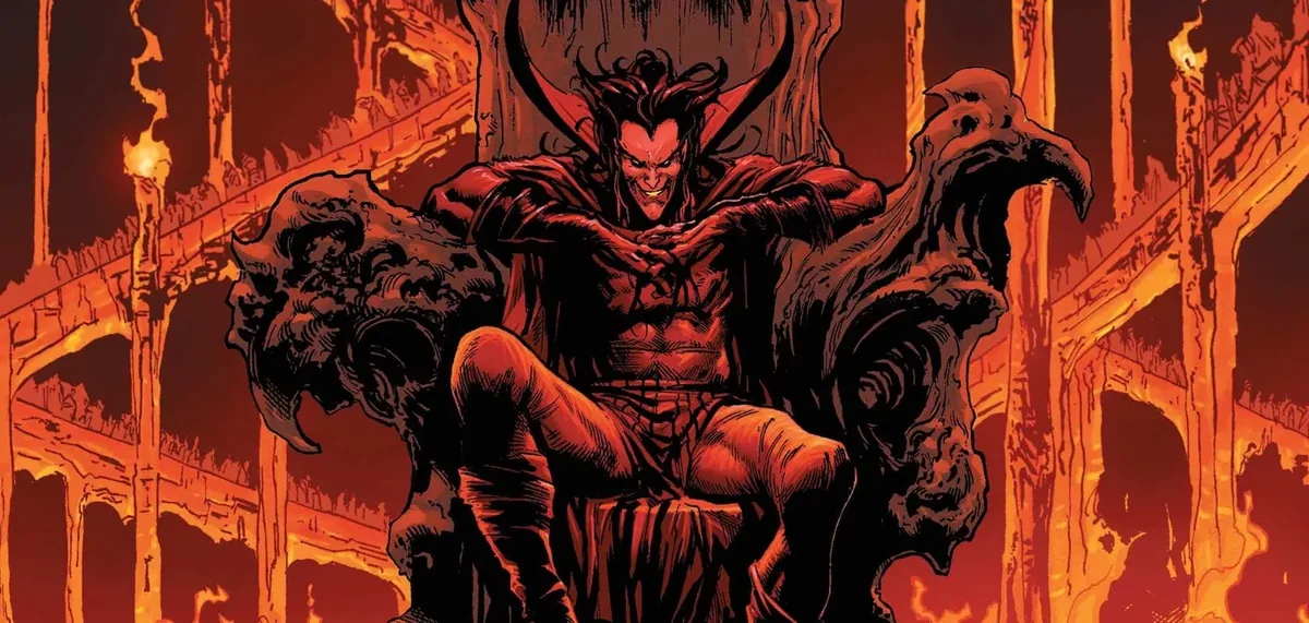 Mephisto, Marvel'ın şeytan figürü, alevli karanlık tahtında resmi çizgi roman key art görseli