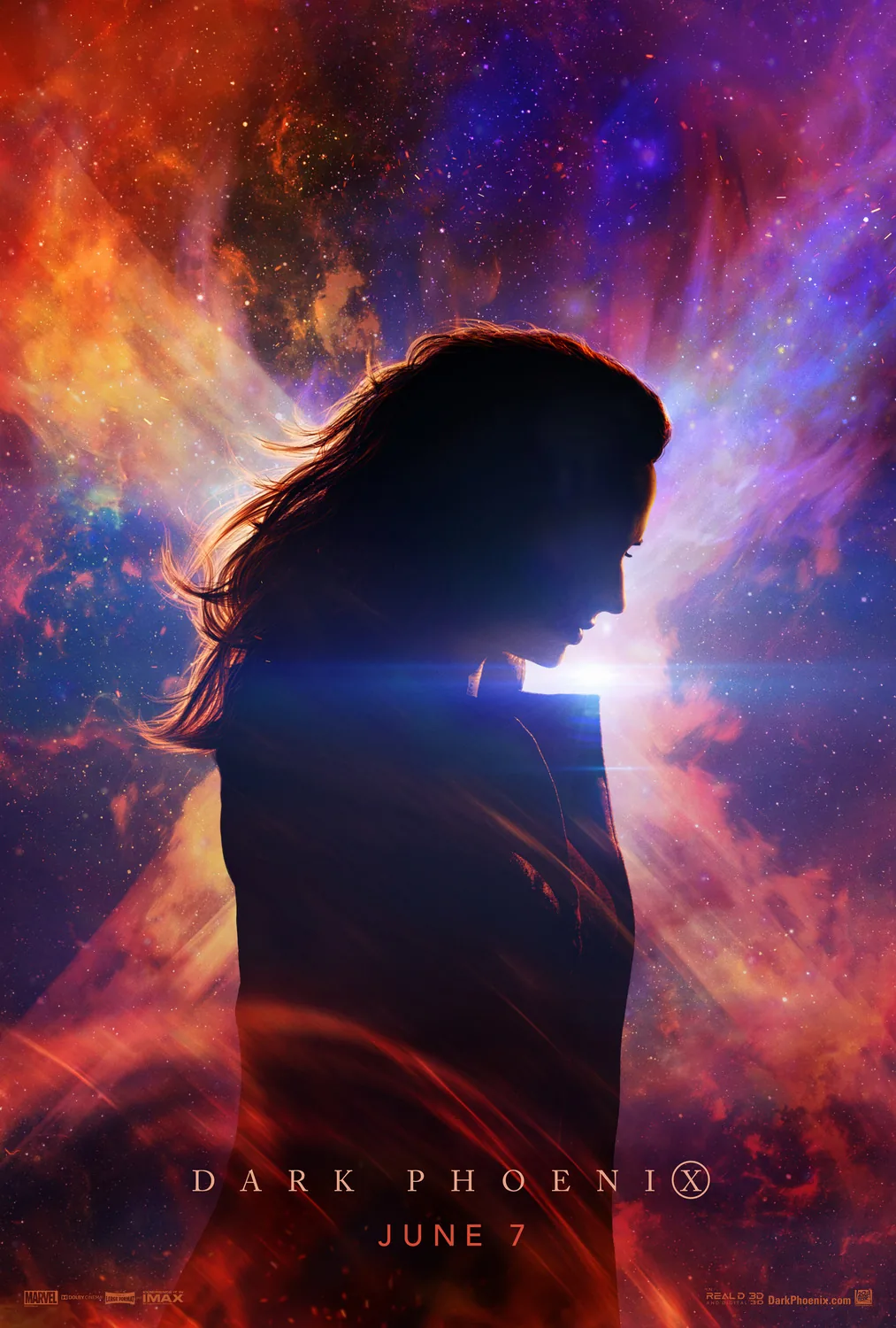 Phoenix Force'un kozmik alev enerjisini simgeleyen Dark Phoenix filminin resmi afişi