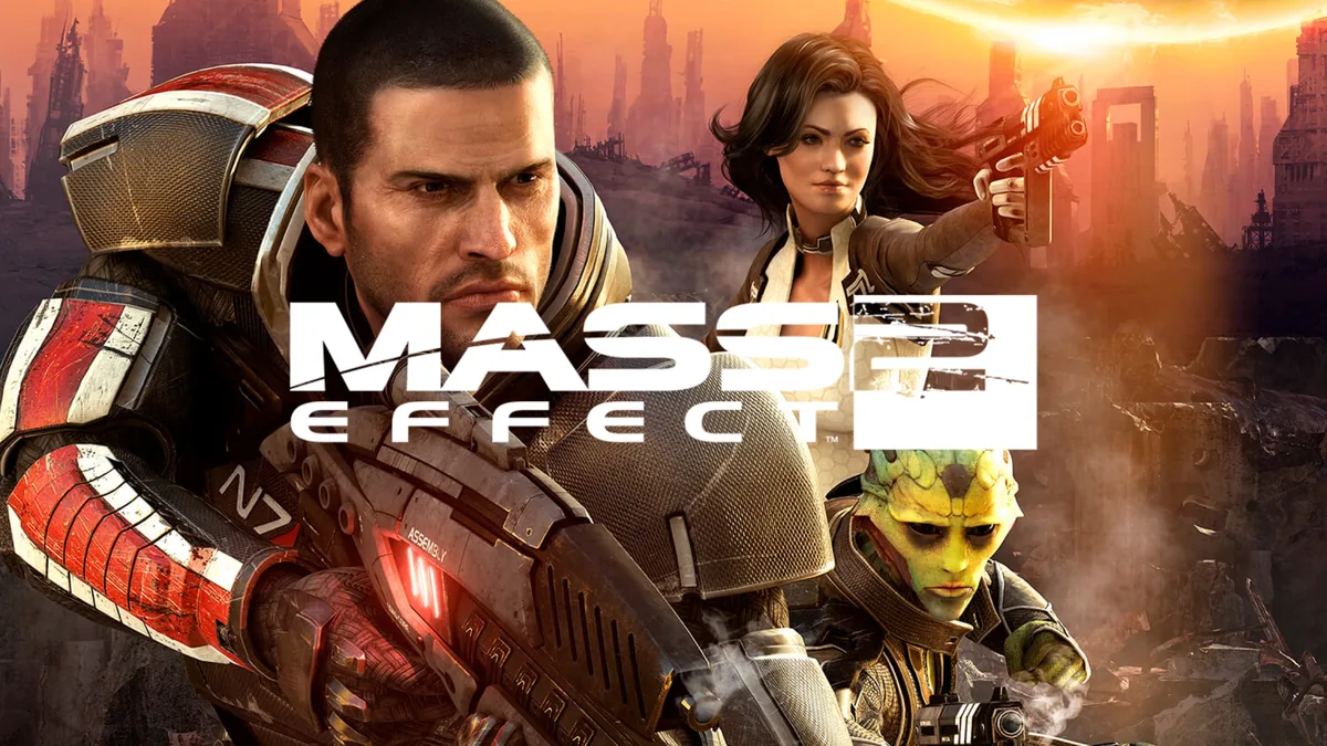 Mass Effect 2 oyununun resmi kapak görseli: Komutan Shepard, Miranda Lawson ve Thane Krios