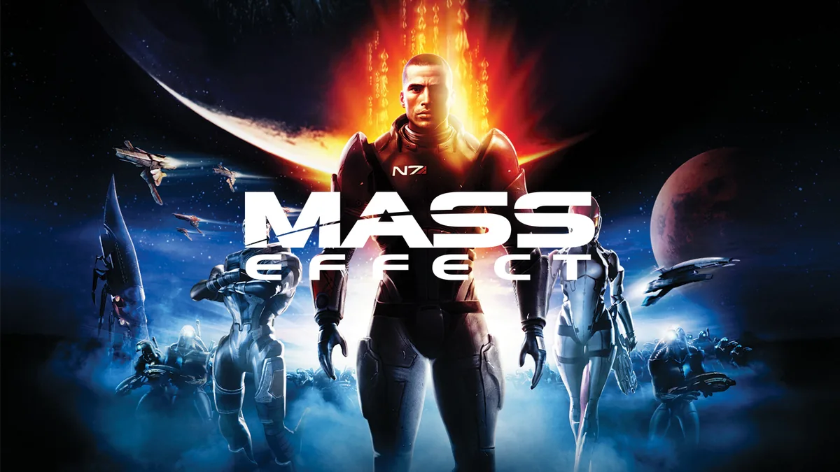 Mass Effect (2007) oyununun resmi kapak görseli: Komutan Shepard ve ekibi, Reaper gemileri arka planda