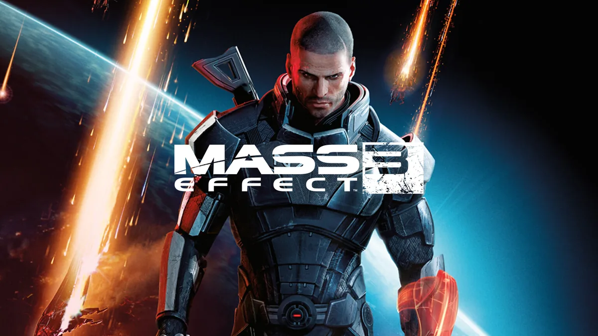 Mass Effect 3 oyununun resmi key art görseli: Komutan Shepard, Reaper istilası altındaki Dünya arka planında