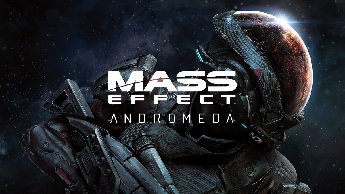Mass Effect: Andromeda oyununun resmi key art görseli: Pathfinder Ryder, Andromeda galaksisindeki bir gezegen arka planında