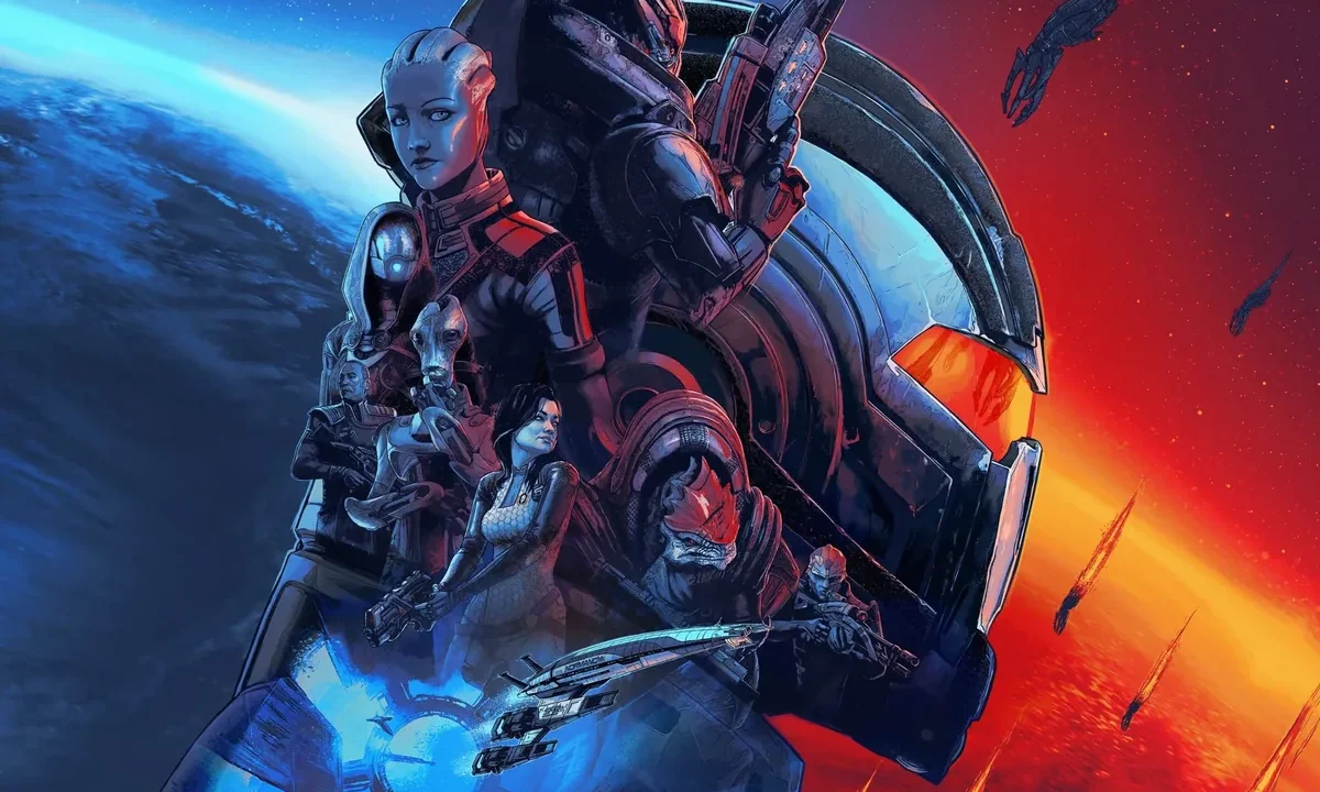 Mass Effect Legendary Edition resmi key art görseli: Komutan Shepard ve ekibi galaksi arka planında