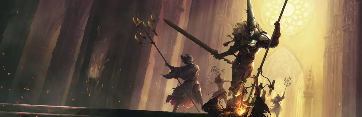 Blasphemous oyununda Ceza karakterinin gotik katedral atmosferini gösteren resmi key art