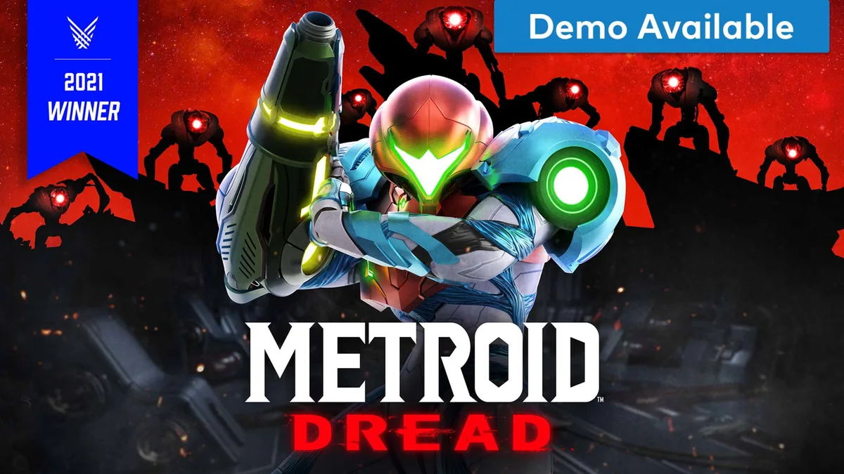 Metroid Dread oyununda Samus Aran'ın modern zırhı ve E.M.M.I. robotlarını gösteren resmi Nintendo görseli
