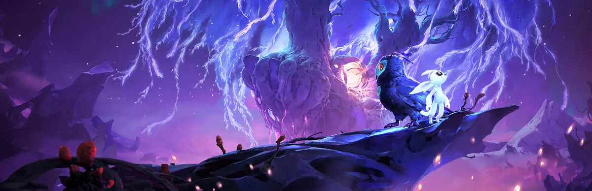 Ori and the Will of the Wisps oyununda Ori ve baykuş Ku'yu gösteren resmi key art