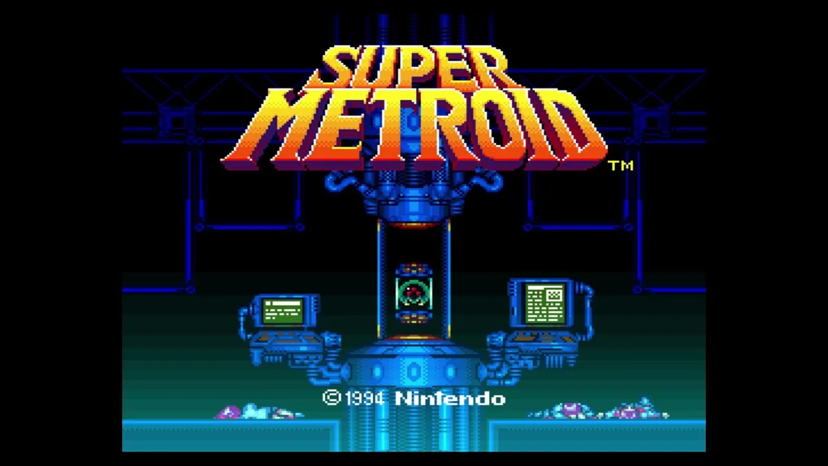 Super Metroid oyununun 1994 tarihli resmi Nintendo başlık ekranı sanatı