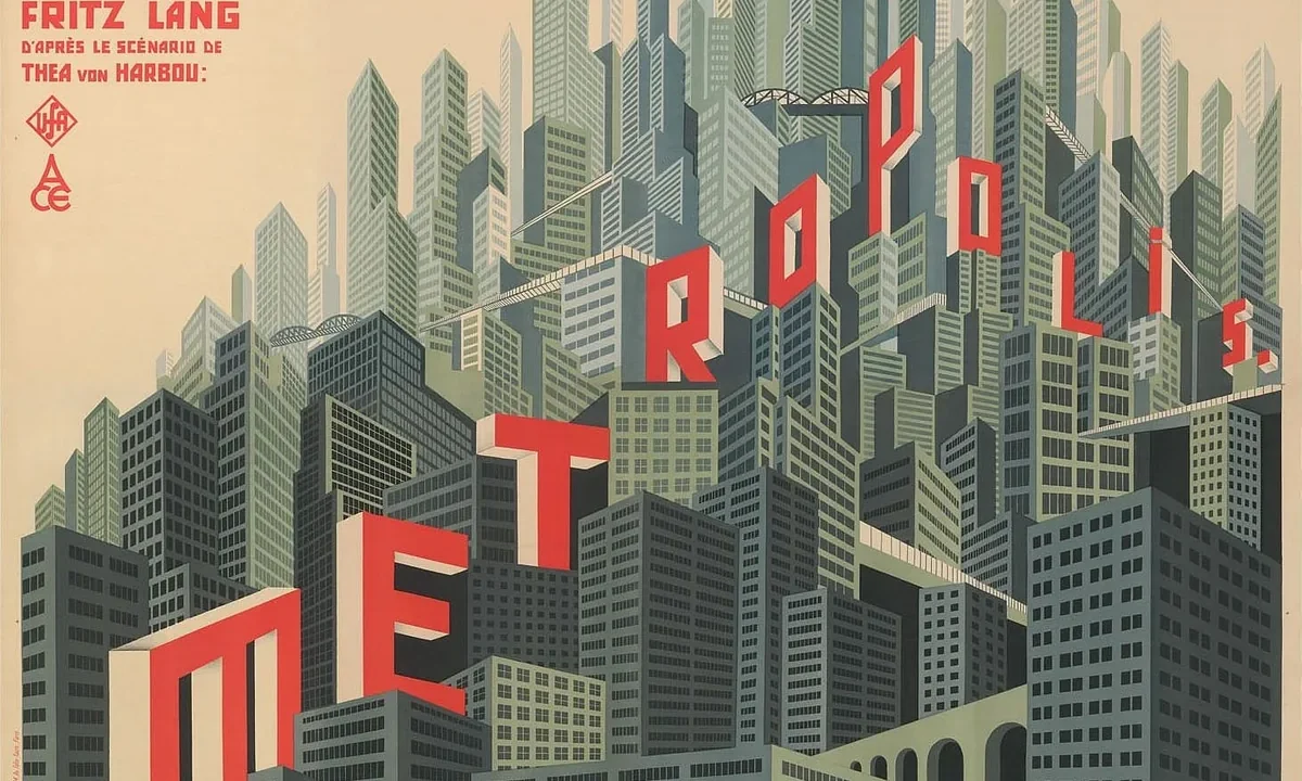 Fritz Lang Metropolis filminin 1927 tarihli resmi afişi: dikey gökdelenlerden oluşan distopik şehir silueti