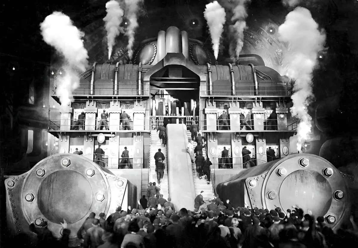 Metropolis filminde dev Moloch makinesi önünde vardiya değişimi yapan kimliksiz işçi kalabalığı