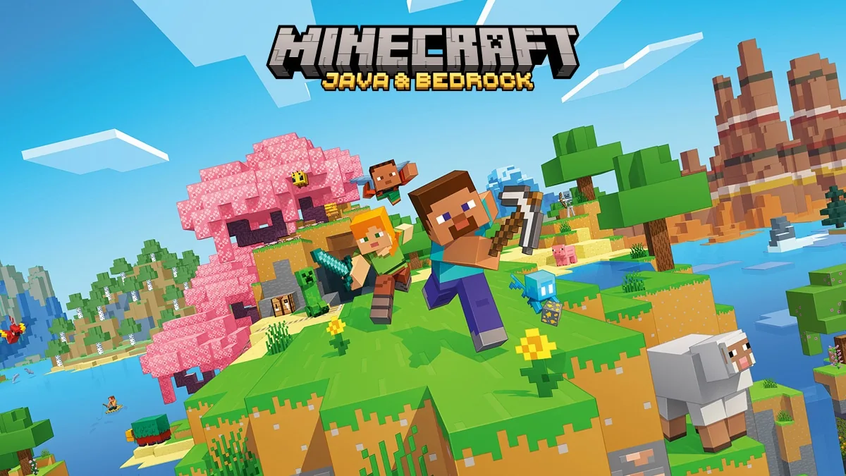 Minecraft oyununun resmi anahtar görseli: blok karakterlerin yeşil bir adada koyun ve yaratıklarla birlikte durduğu sahne