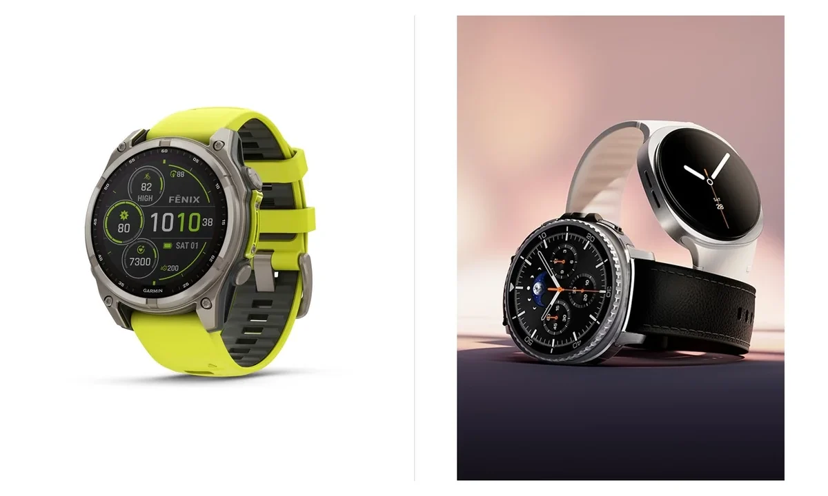 MIP ekranlı Garmin Fenix 8 Solar akıllı saat ile AMOLED ekranlı Samsung Galaxy Watch8 yan yana karşılaştırması