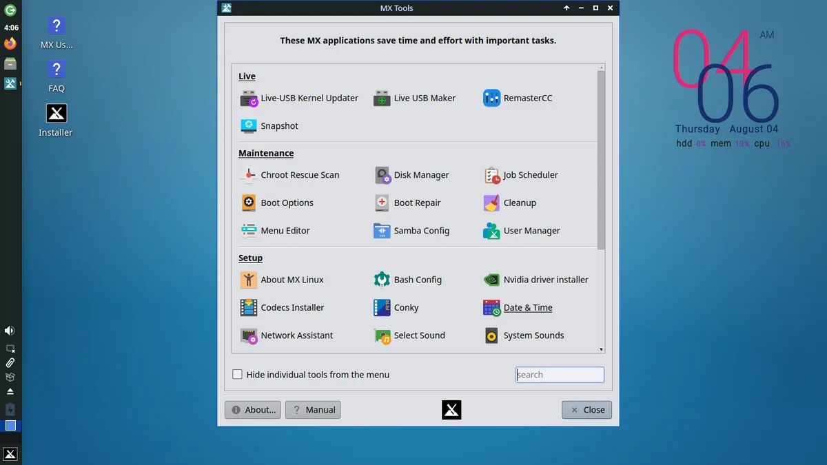 MX Linux Xfce masaüstünde MX Tools penceresi ve sol kenar uygulama paneli ekran görüntüsü