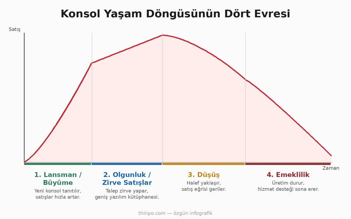 Konsol yaşam döngüsünün dört evresini (lansman/büyüme, olgunluk/zirve, düşüş, emeklilik) gösteren satış eğrisi infografiği