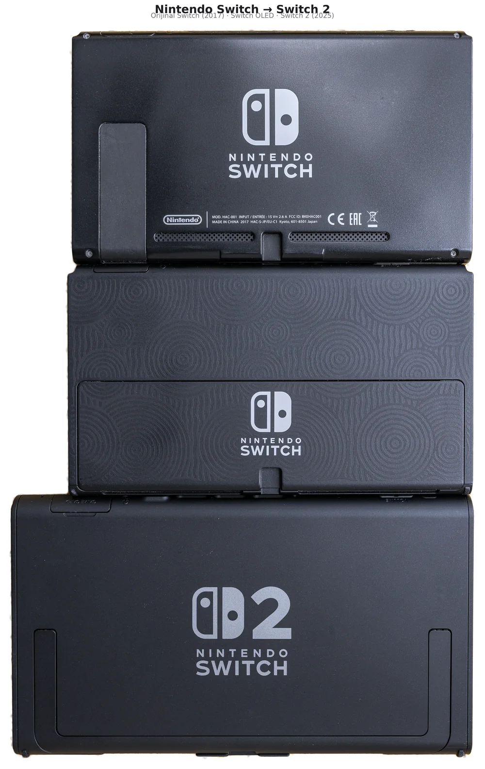 Orijinal Nintendo Switch, Switch OLED ve Nintendo Switch 2'nin arka yüzden karşılaştırması