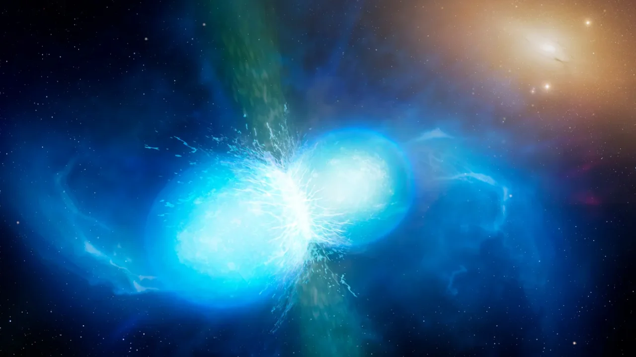 İki nötron yıldızının çarpışma anını ve kilonova ışımasını gösteren sanatsal betimleme