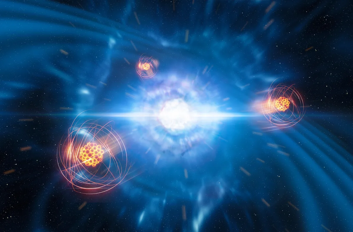 Nötron yıldızı çarpışmasından saçılan madde bulutunda ağır element atomlarının oluşumunu gösteren sanatsal görsel