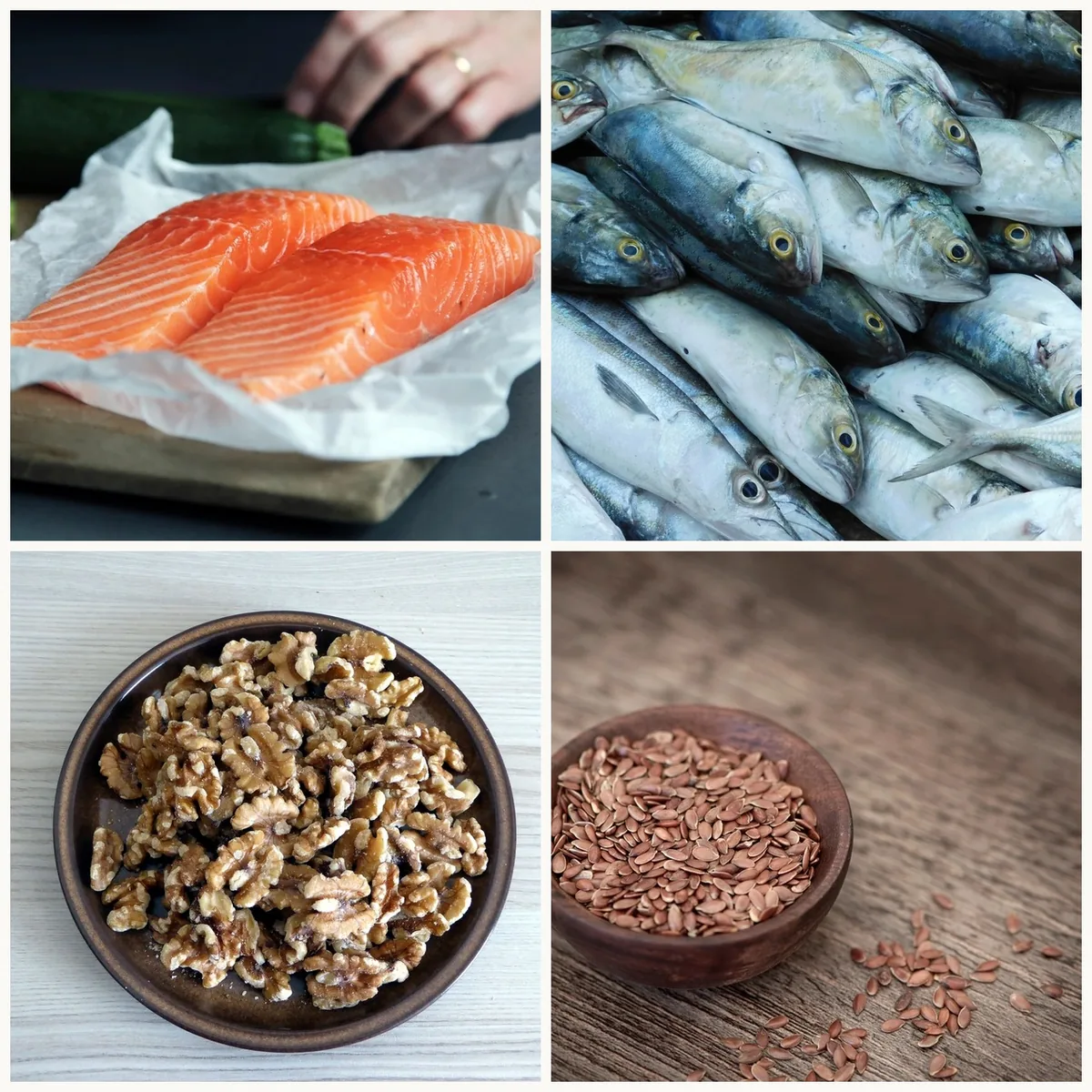 Omega-3 açısından zengin doğal besinler: somon fileto, uskumru/sardalya, ceviz ve keten tohumu bir arada