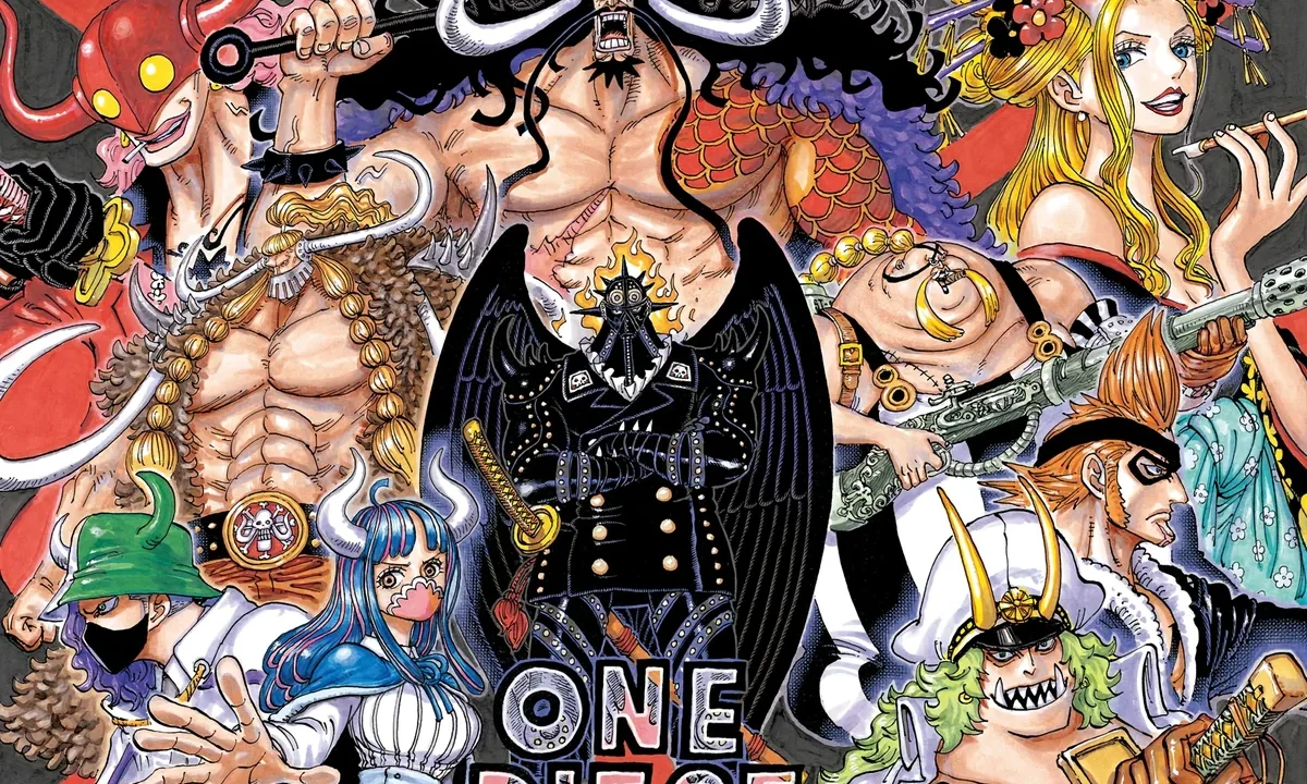 One Piece kötü karakterleri: Kaido ve Vahşiler Korsanları'nın üst düzey subayları resmi manga kapak illüstrasyonunda bir arada