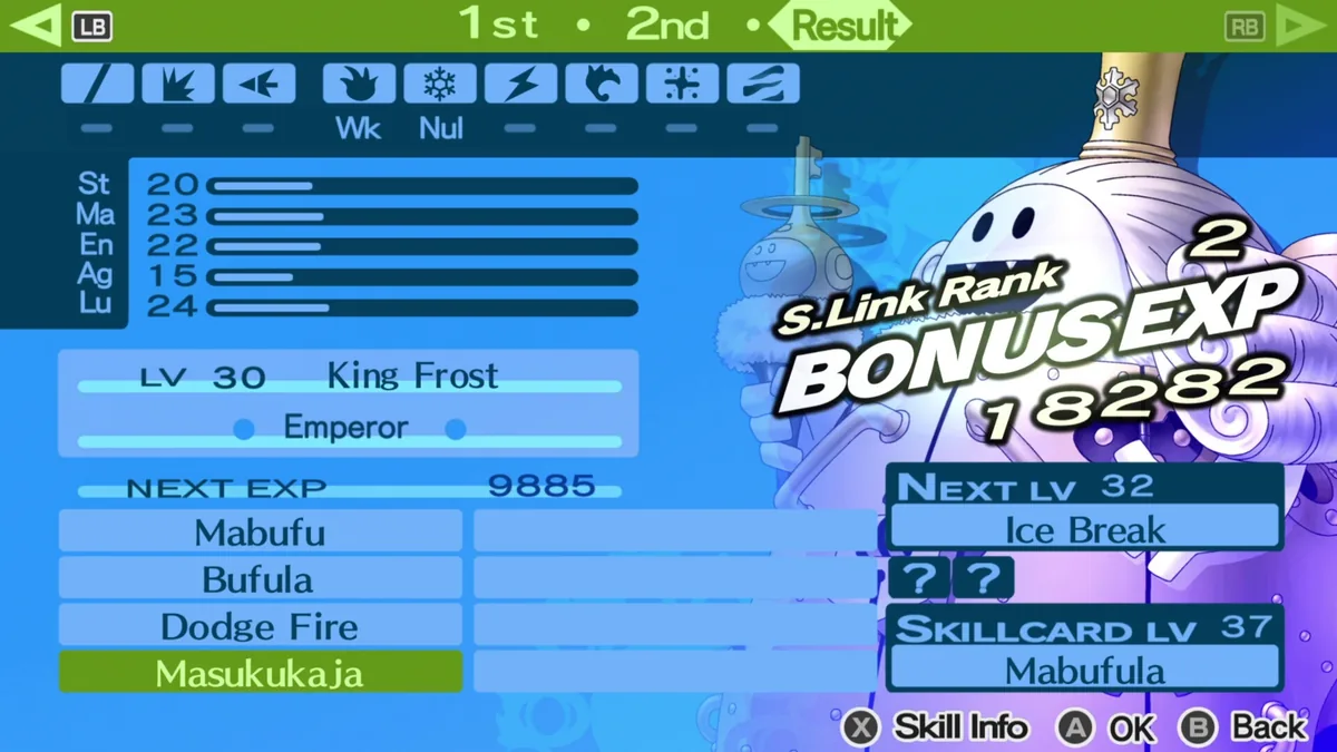 Persona 3 sosyal bağ sisteminin rütbe artışı ekranı: S.Link Rank 2 ve füzyon bonus deneyim puanı gösteriliyor