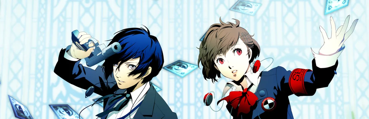 Persona 3 sosyal bağ sistemi temalı resmi anahtar görsel: iki başkarakter Evoker tutarken, arka planda tarot Arcana kartları süzülüyor