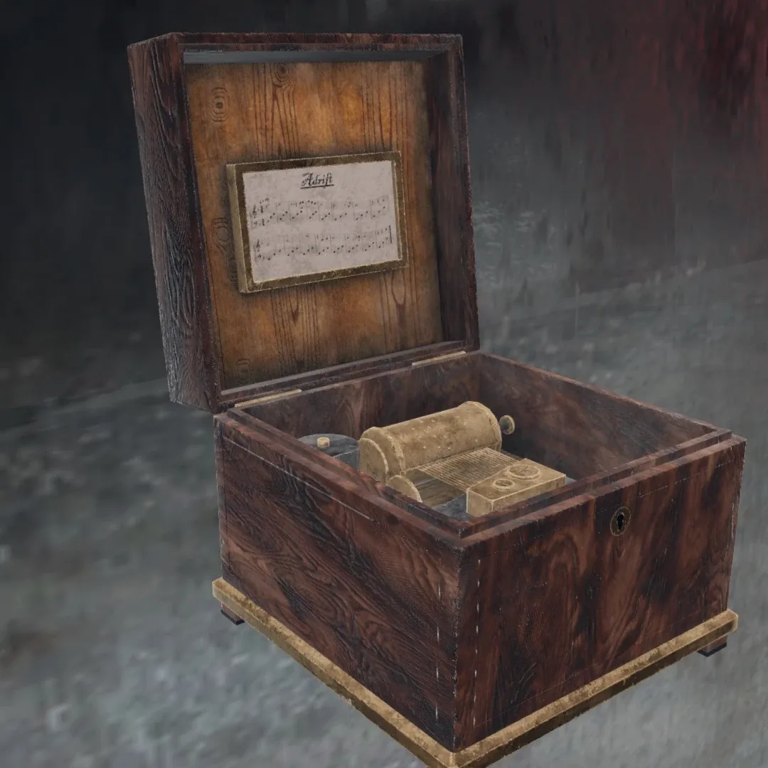 Phasmophobia'da Müzik Kutusu (Music Box) lanetli objesi, açık kapağıyla ahşap kutu içinde