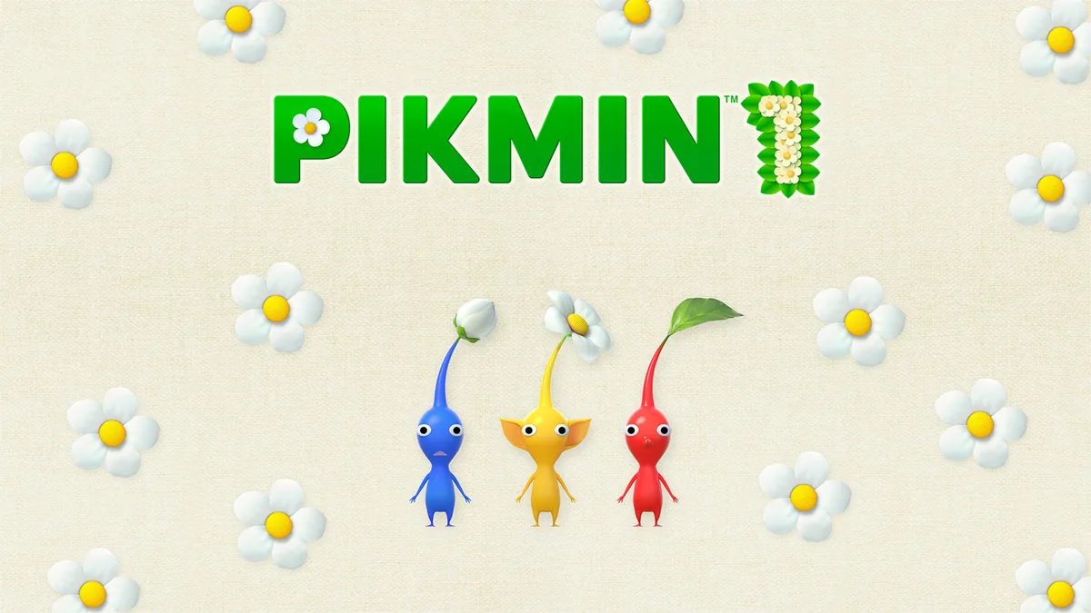 Pikmin oyununun resmi Nintendo anahtar görseli; kırmızı, sarı ve mavi Pikmin'ler
