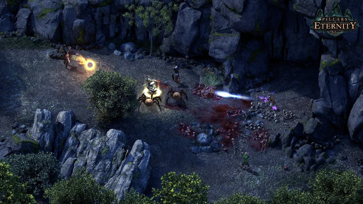 Pillars of Eternity'de parti üyelerinin örümcek benzeri yaratıklara ve iskelet düşmanlara karşı büyü ve silahlarla savaştığı bir sahne