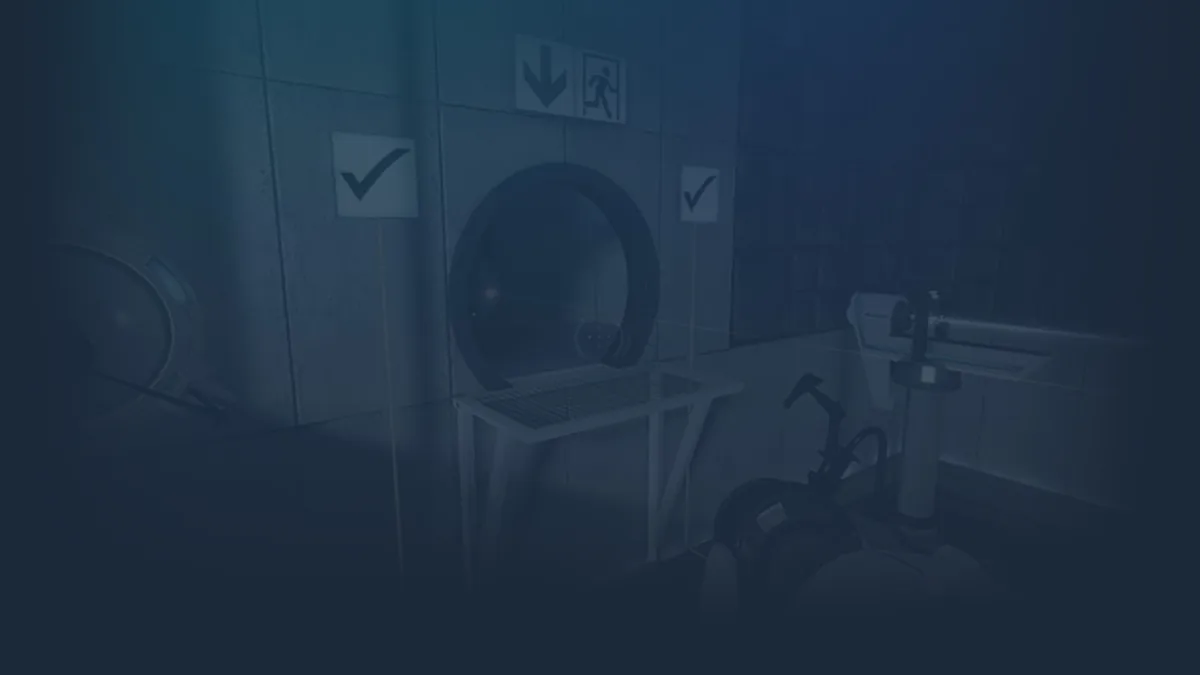 Portal oyunundan resmi bir test odası görüntüsü: duvardaki mavi portal halkası ve test ekipmanları