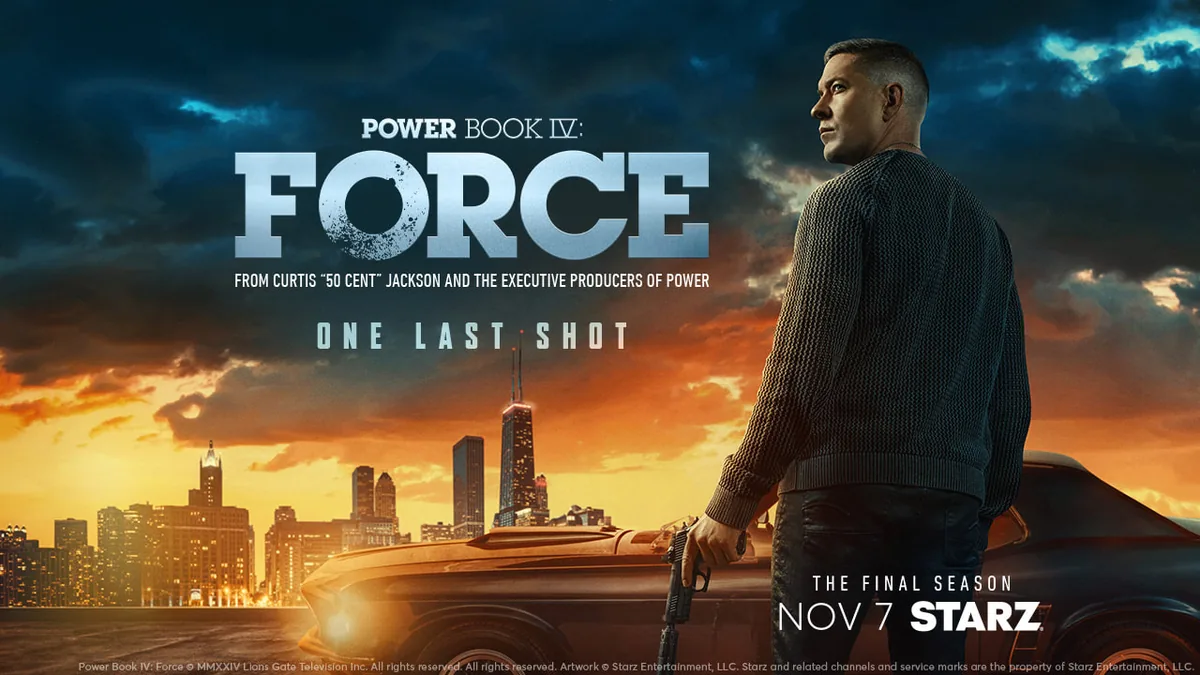 Power Book IV: Force dizisinin resmi key art görseli, şehir silueti önünde bir karakteri gösteriyor