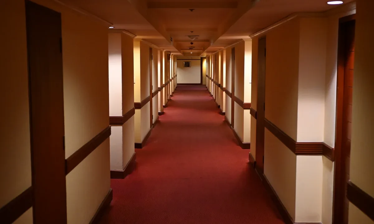 Psikolojik gerilim filmlerinin atmosferini yansıtan loş, kırmızı halılı tekinsi bir otel koridoru