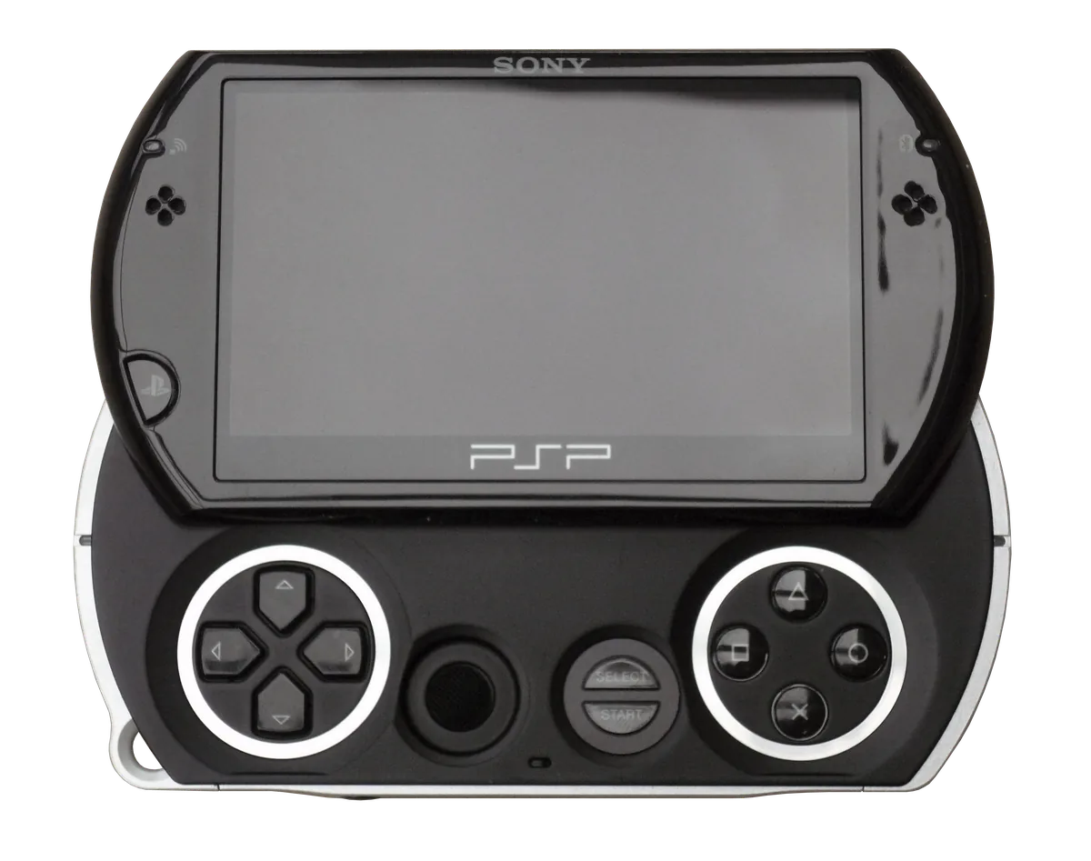 PSP Go konsolunun 3,8 inç ekranı ve tuş yerleşimini önden gösteren yakın çekim görünümü