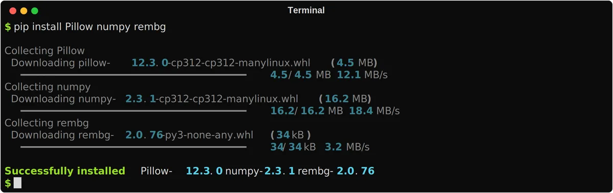Terminalde pip install Pillow numpy rembg komutunun çalıştırılmasını gösteren ekran görüntüsü