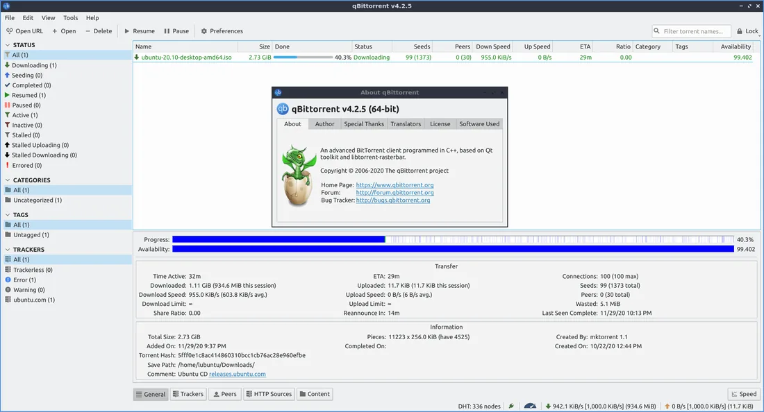 qBittorrent istemcisinde bir Ubuntu Linux ISO dosyasının torrent yoluyla yasal olarak indirilmesi