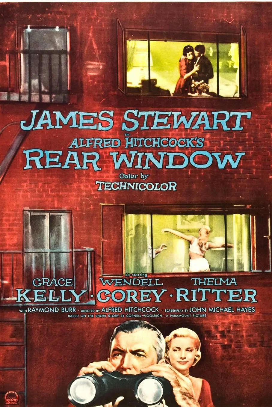 Rear Window (Arka Pencere, 1954) filminin resmi afişi; James Stewart ve Grace Kelly'nin yer aldığı Alfred Hitchcock klasiği