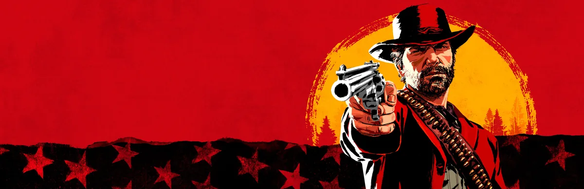 Red Dead Redemption 2 oyununun resmi anahtar görseli: gün batımı önünde silahını doğrultan kovboy Arthur Morgan