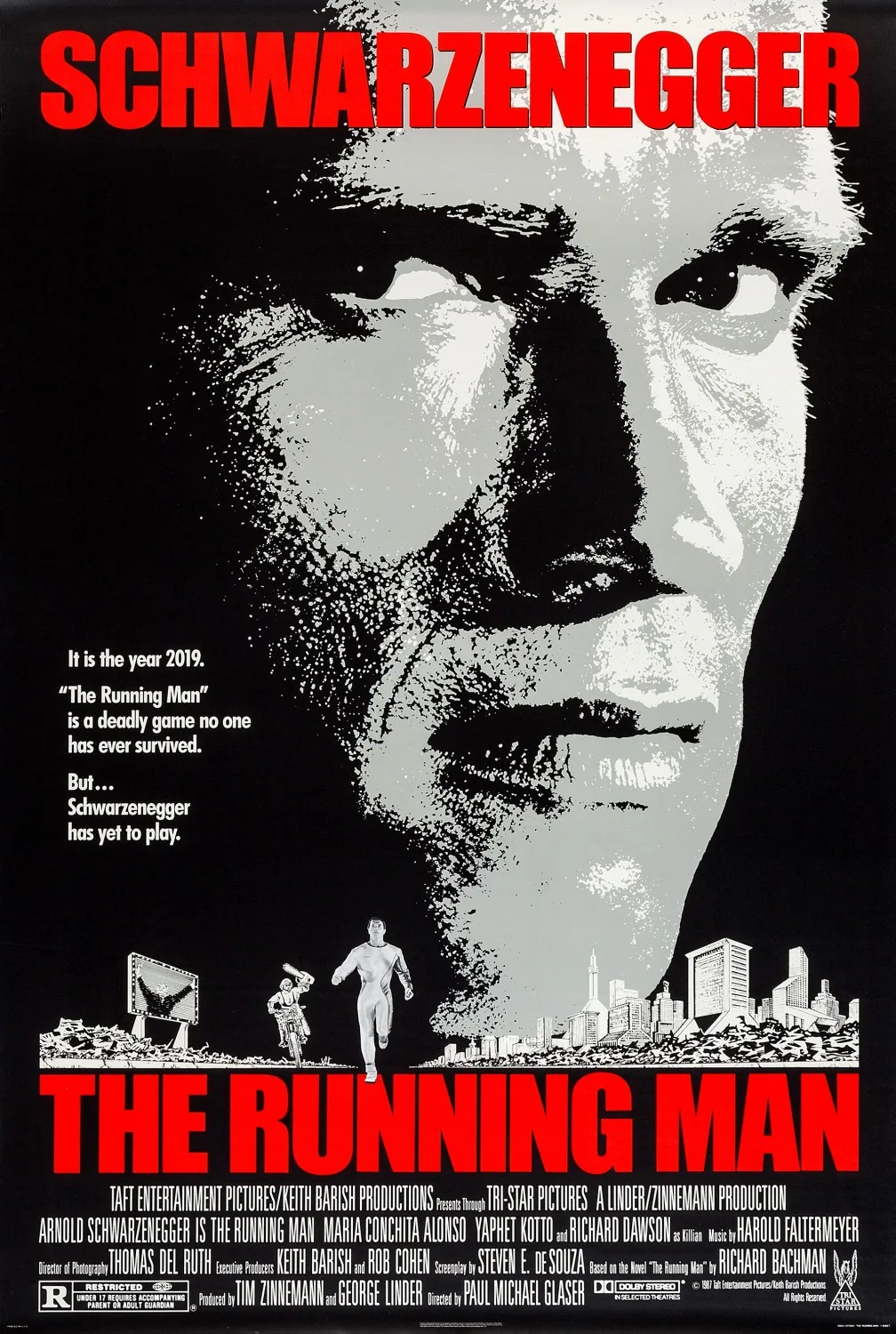 The Running Man 1987 filminin resmi afişi — Arnold Schwarzenegger'in canlandırdığı Ben Richards, distopik televizyon yarışmasında