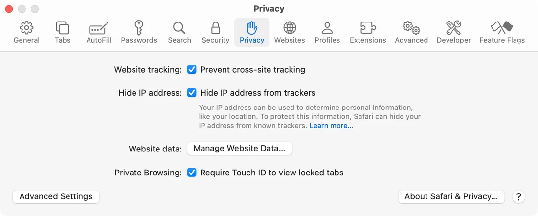 Apple Safari tarayıcısının Gizlilik ayarlarında Siteler arası izlemeyi önle ve IP adresini gizle seçeneklerinin görüntüsü