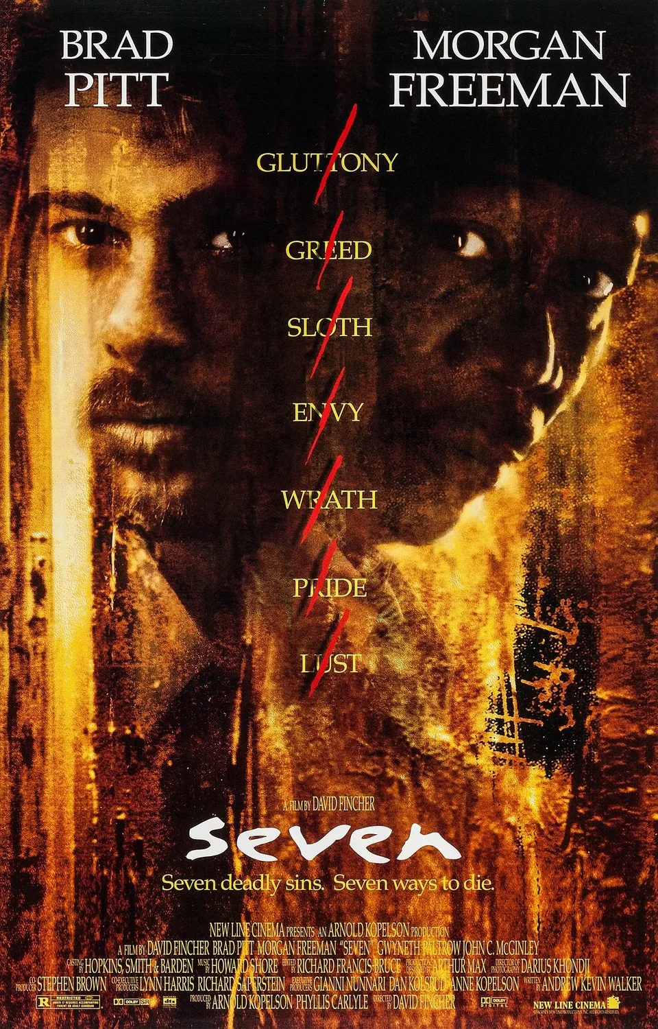 Se7en (1995) filminin resmi afişi; Brad Pitt ve Morgan Freeman'ın yer aldığı yedi ölümcül günah temalı poster