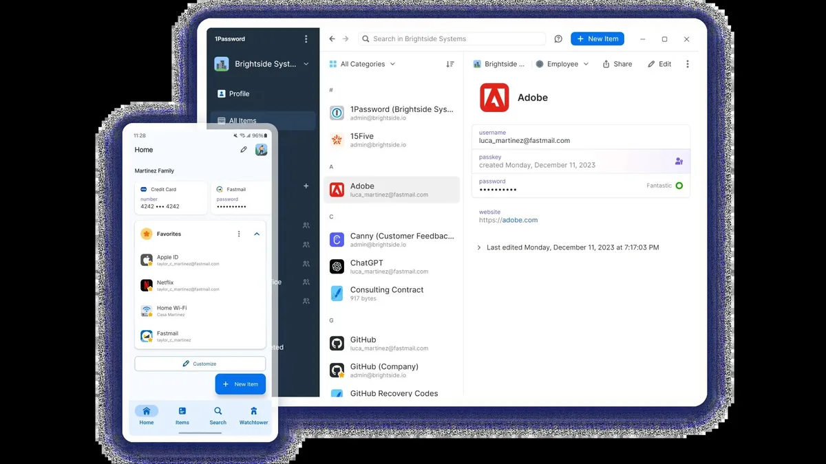 1Password uygulamasının masaüstü tarayıcı eklentisi ve mobil uygulama arayüzü bir arada; çoklu platform desteği